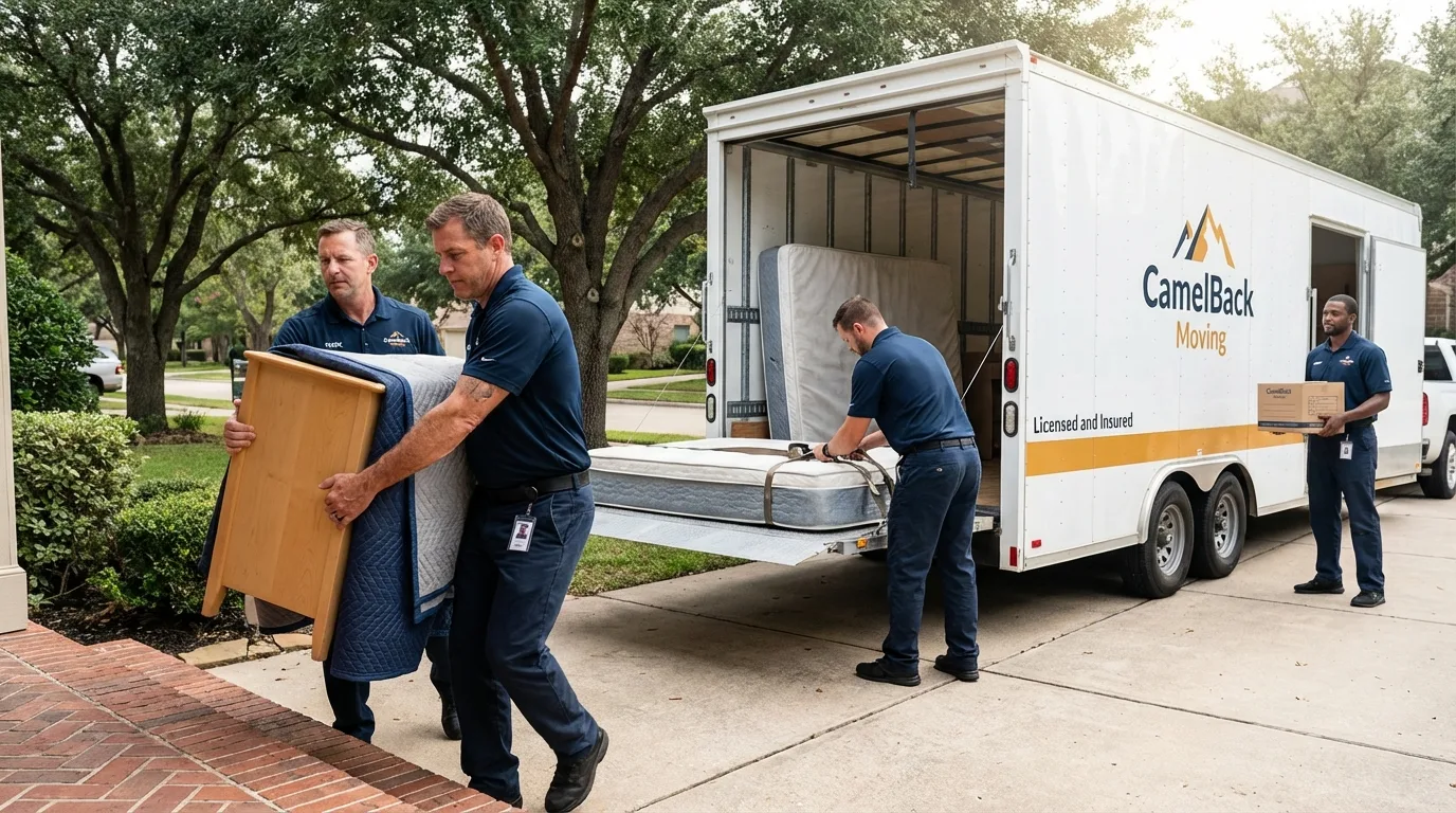 Crew loading residential truck for cross-state move from Itasca, TX
