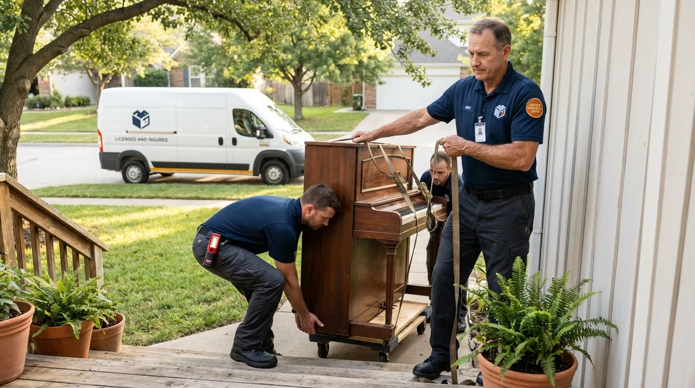 Licensed piano movers securing grand piano in Itasca, TX