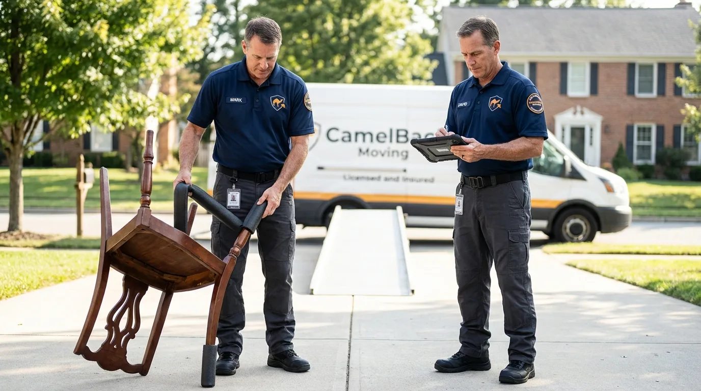 Movers inspecting furniture for damage prevention before loading in Itasca, TX