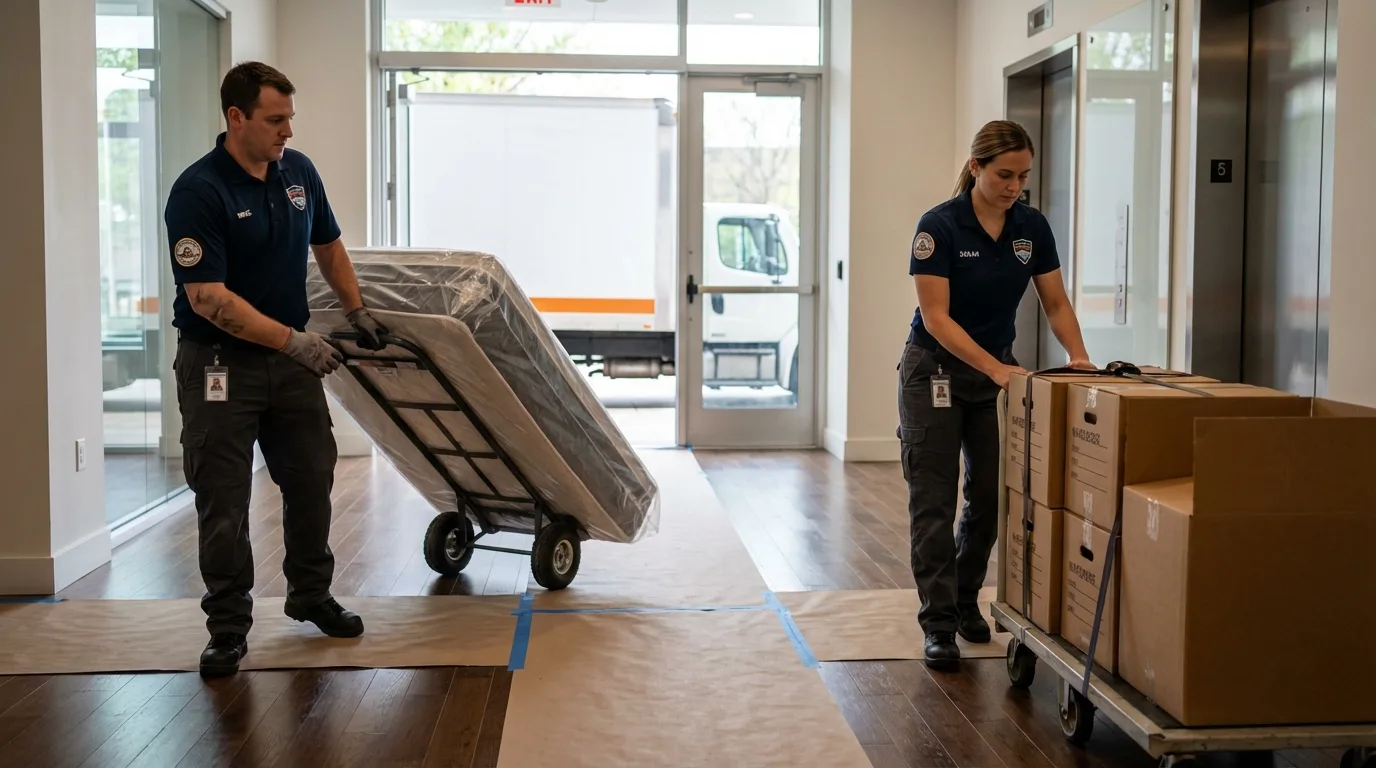 Professional apartment movers loading elevator in Itasca, TX