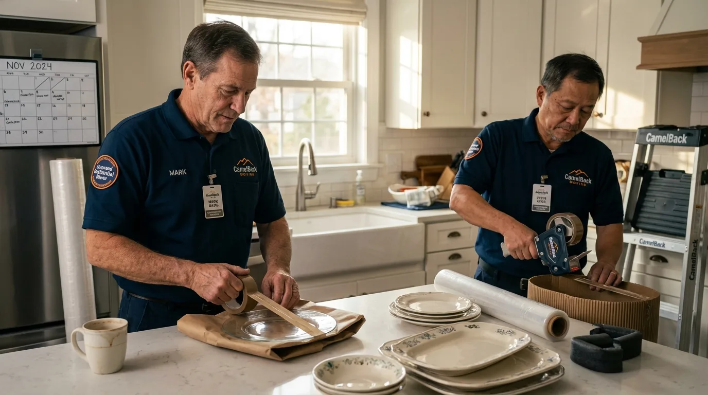 Professional crew packing kitchen dishware in Itasca, TX